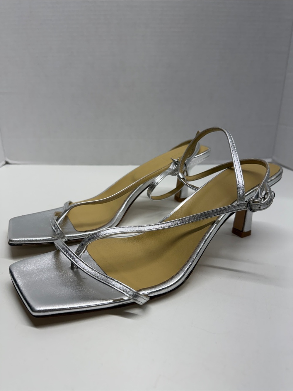 Aeyde Elise High Heels Strappy Sandals Shoes Square Toe Metallic Silver 42 / 11